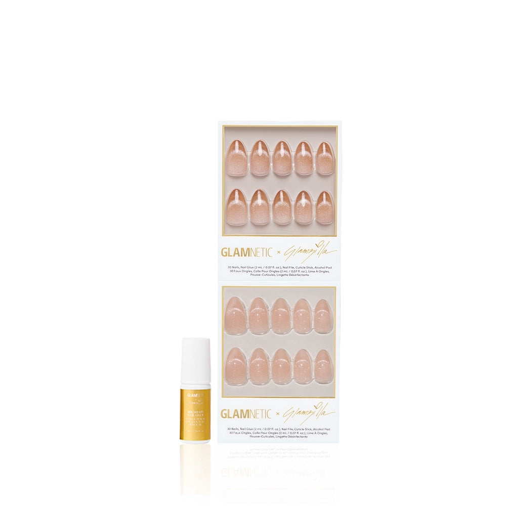 The glamnetic OUI OUI VELVET set showcases short almond press-on nails in a nude velvet finish, displayed in a box with two rows and a gold-white nail glue bottle on a white background. - Product image