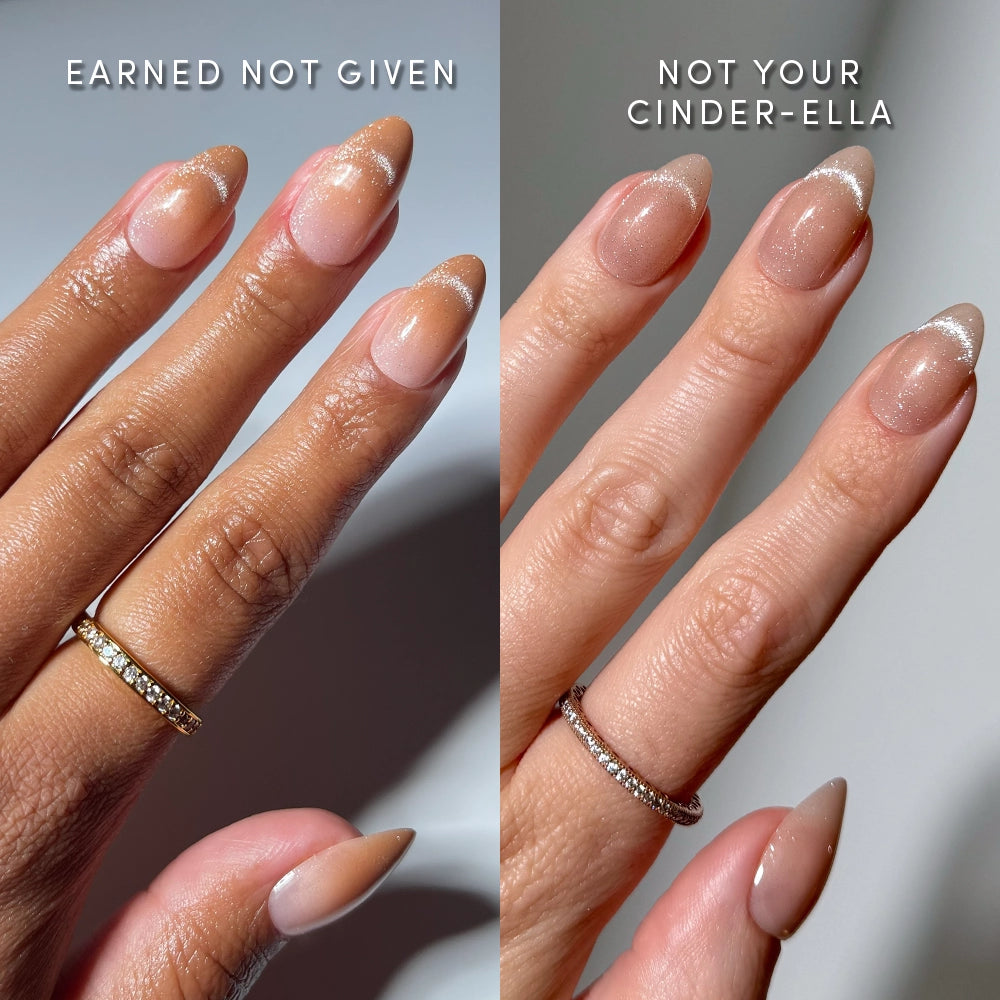 Two manicured hands are shown side by side. The left displays shimmery short almond press-ons labeled OUI OUI VELVET by glamnetic, while the right shows a French tip velvet design. Both hands are adorned with thin rings.