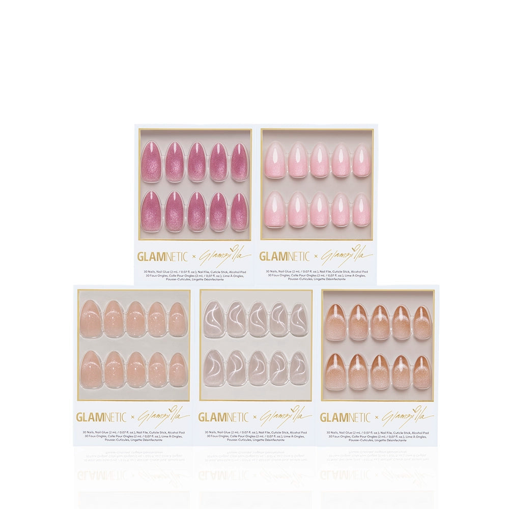 Five glamnetic STRICTLY VELVETS press-on nail sets in pink and nude, pyramid-styled on white. Each boxed set offers unique shapes and finishes—glossy, matte, or shimmery velvet—ideal for the perfect almond manicure. - Product image