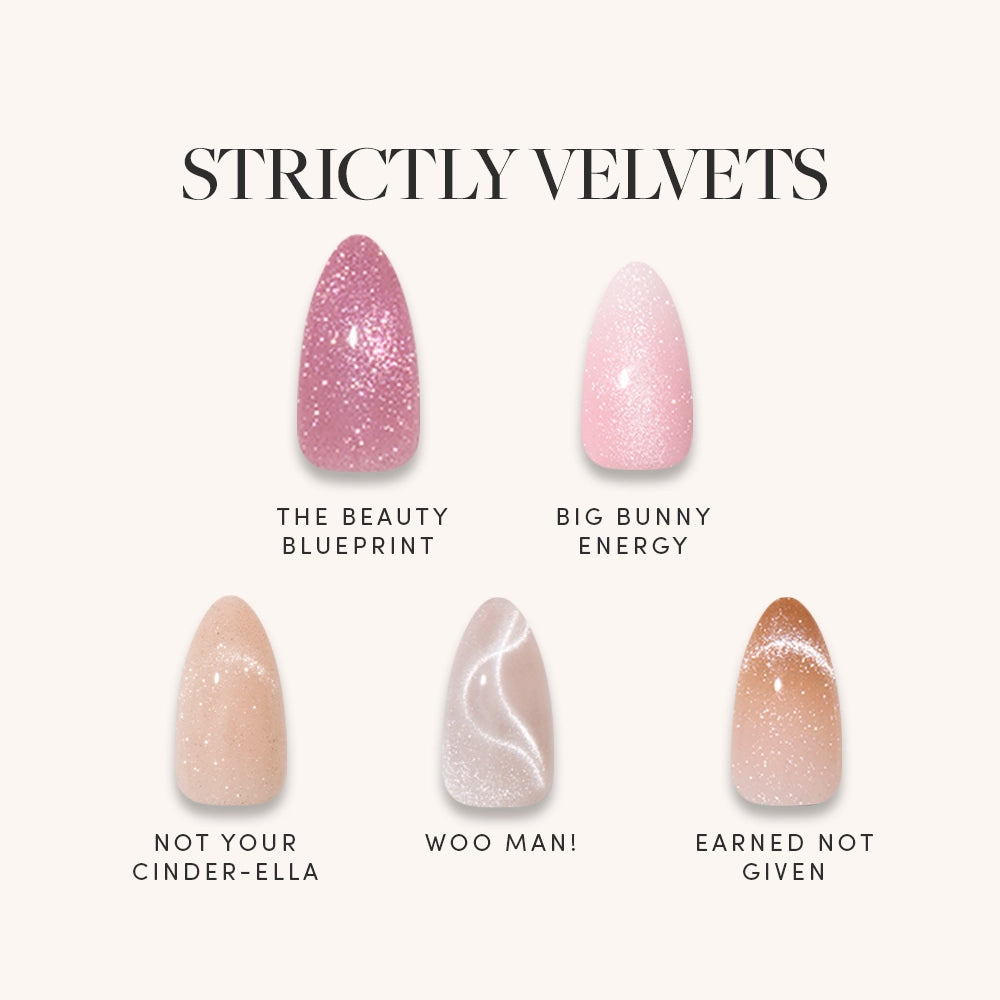 Five shimmery velvet, almond-shaped swatches in pink and nude—The Beauty Blueprint, Big Bunny Energy, Not Your Cinder-Ella, Woo Man!, and Earned Not Given—make glamnetic’s STRICTLY VELVETS perfect for your next almond mani or trendy press-on nails.