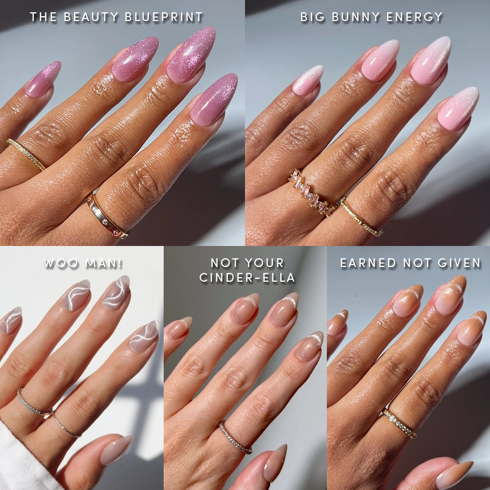 Collage of four manicured hands with almond shapes and designs like glittery pink, pastel, shimmery velvet, and glossy nude. Labeled above: STRICTLY VELVETS by glamnetic.