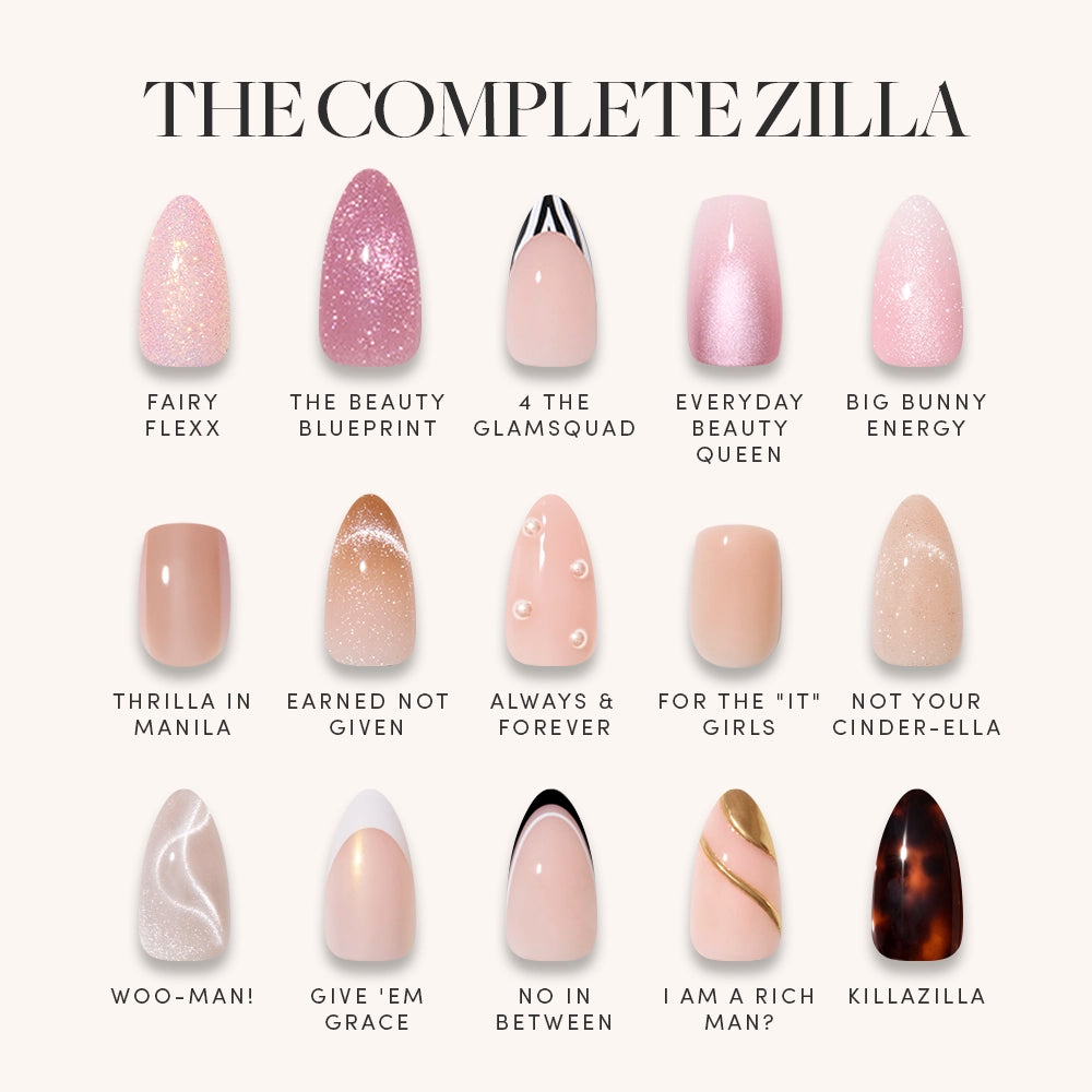 A 4x4 grid of 16 press-on nail designs from glamnetic’s THE COMPLETE ZILLA, each labeled with its name. The short almond set features pinks, nudes, patterns, pearls, metallics, and a black tip with white detail.