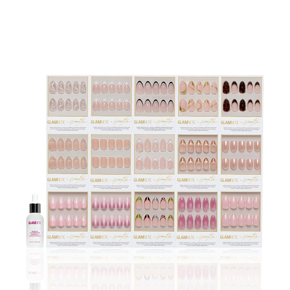 A display of 15 glamnetic THE COMPLETE ZILLA press-on nails in assorted nude and pink shades, arranged in a grid, with nail glue in front—ideal for creating your own short almond nail set. - Product image