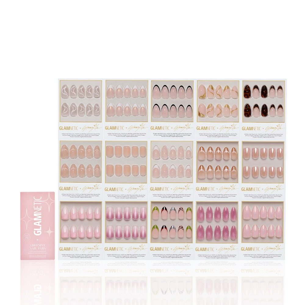 A display of 20 THE COMPLETE ZILLA by glamnetic press-on nail sets in nude, pink, and brown short almond designs, each in its own package and arranged in a 4x5 grid. A pink glamnetic box is placed to the left of the display. - Product image