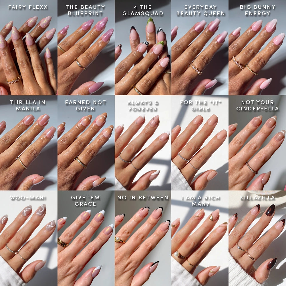A grid of manicured hands showcases glamnetic press-on nails from THE COMPLETE ZILLA collection, each labeled with designs like “FAIRY FLEXX,” “EVERYDAY BEAUTY QUEEN,” and “KILLAZILLA.”.