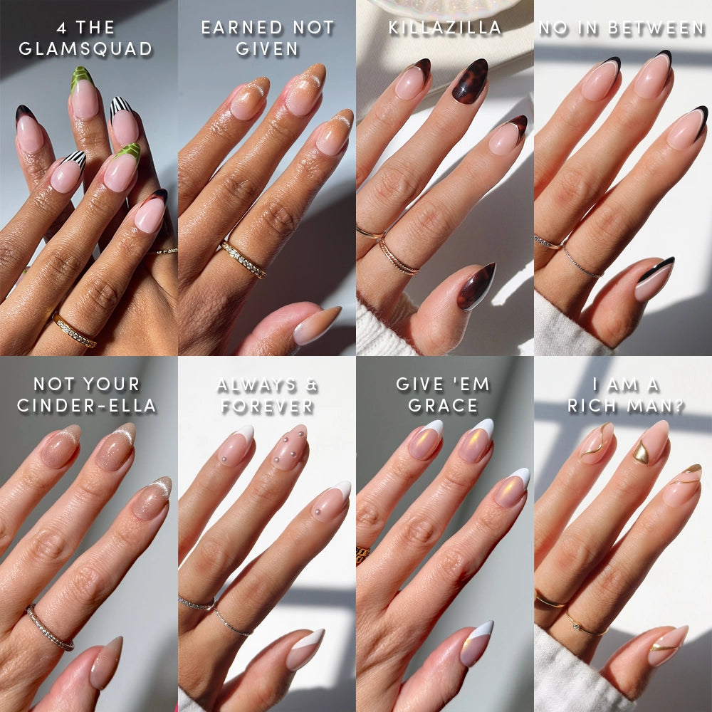 A collage of eight manicured hands displays unique Glamnetic press-on nails, including the LA RICH BI$H style, set against a white background.