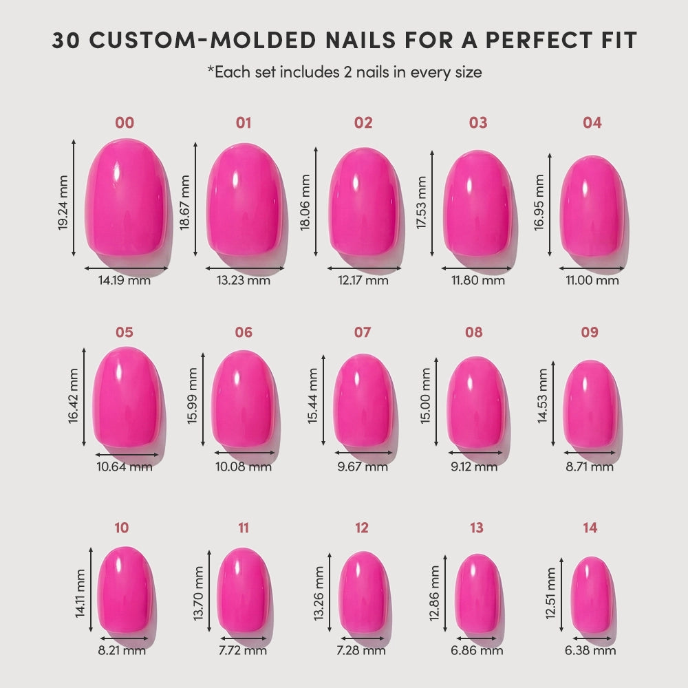 A chart for glamnetic’s Hot Pink nails shows 15 sizes labeled with length and width (mm), arranged in three rows under "30 Custom-Molded Nails for a Perfect Fit"—ideal for summer nail designs. - Product image