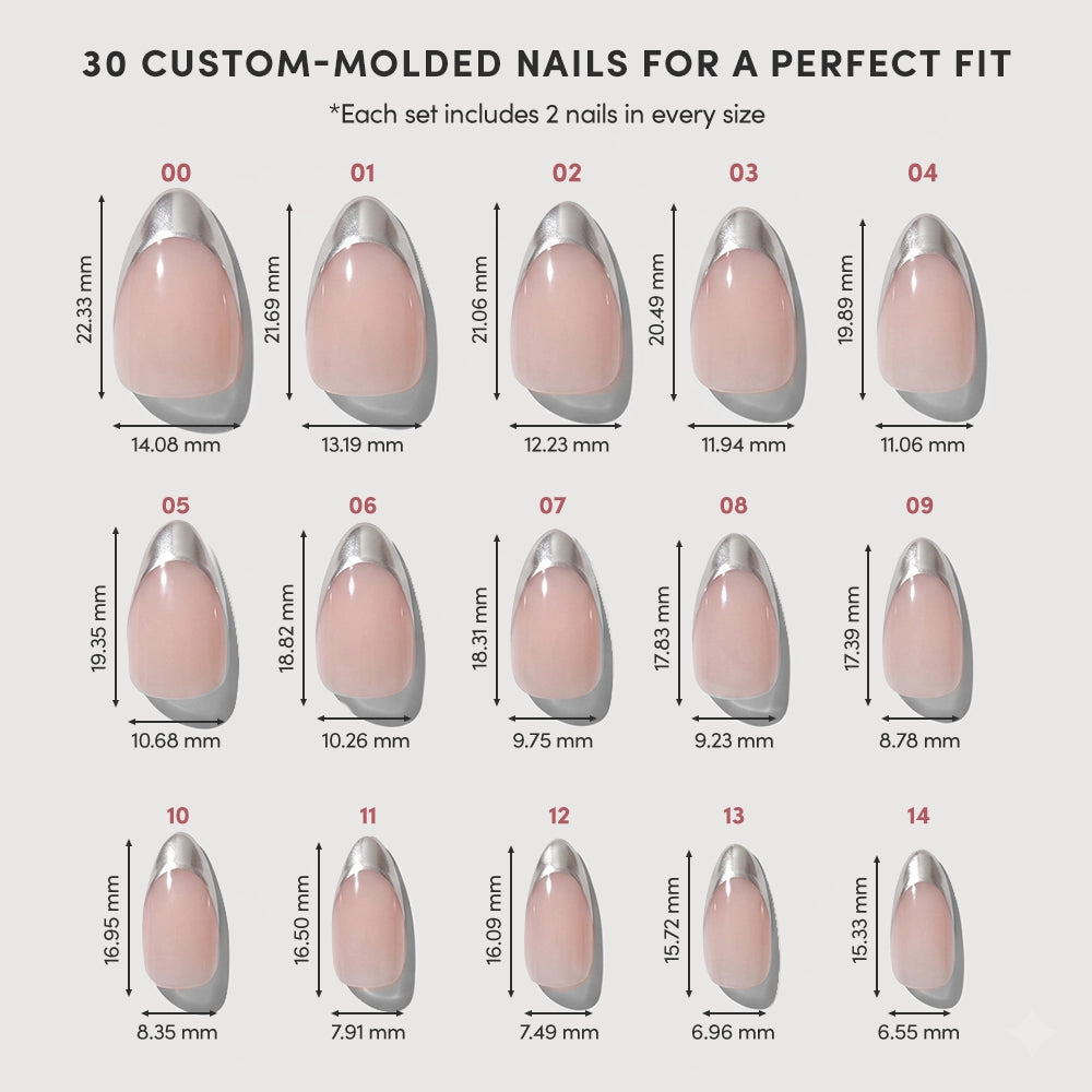 Image showing 30 Mirror Mirror custom-molded vegan, cruelty-free glamnetic nails in various sizes, each labeled with size number and millimeter dimensions, arranged in rows and titled “30 Custom-Molded Nails for a Perfect Fit.”. - Product image