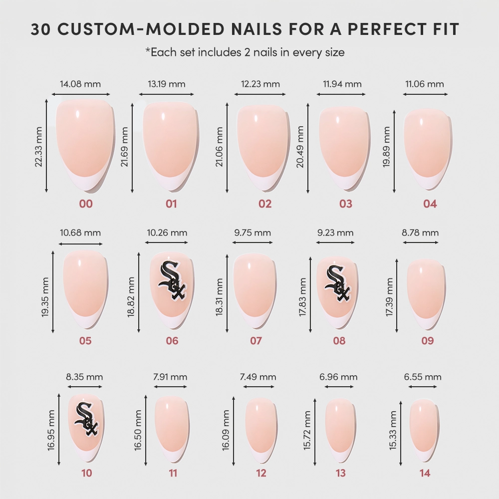 The glamnetic Chicago White Sox Press-On Nail Set chart shows 15 custom-molded nude nails—some with black snake team designs—each officially licensed, with width and length in millimeters displayed above and beside each nail. - Product image