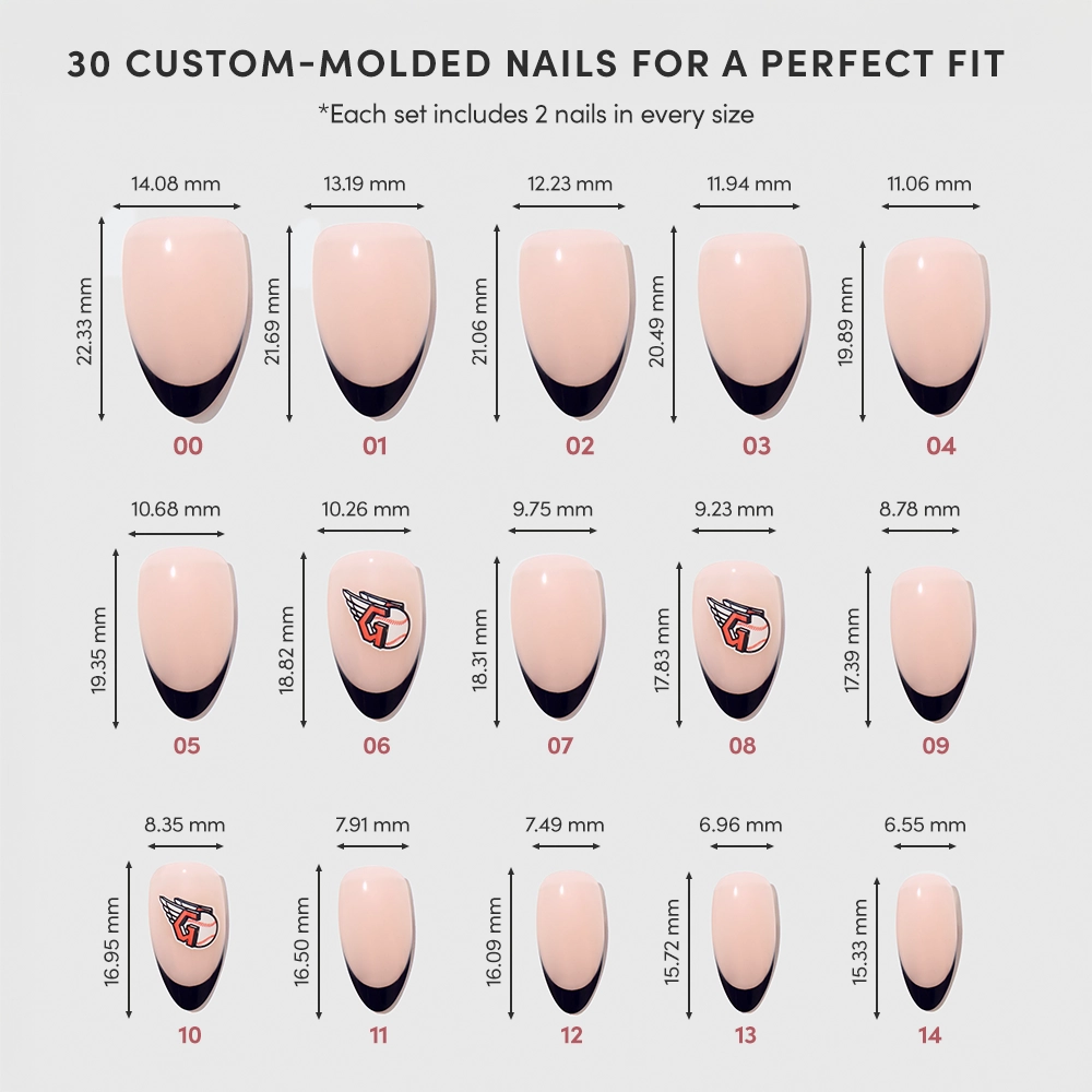 A chart of 15 pairs of Cleveland Guardians Press-On Nails by glamnetic, each labeled 01–15 and displaying different sizes with precise millimeter length and width measurements under each nail. - Product image