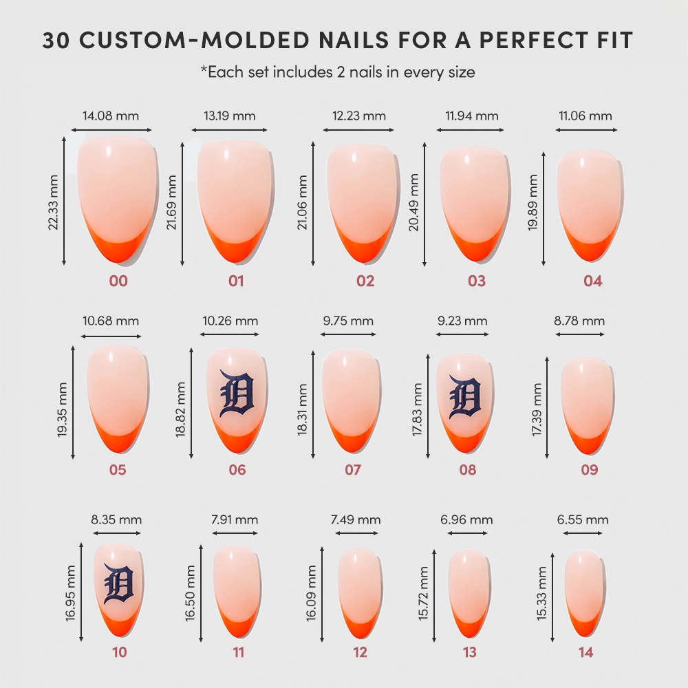 A chart shows 15 sizes of glamnetic’s Detroit Tigers Press-On Nail Set, each labeled by number and millimeter dimensions. Some nails display a blue “D” logo, and all feature a red French tip design. - Product image
