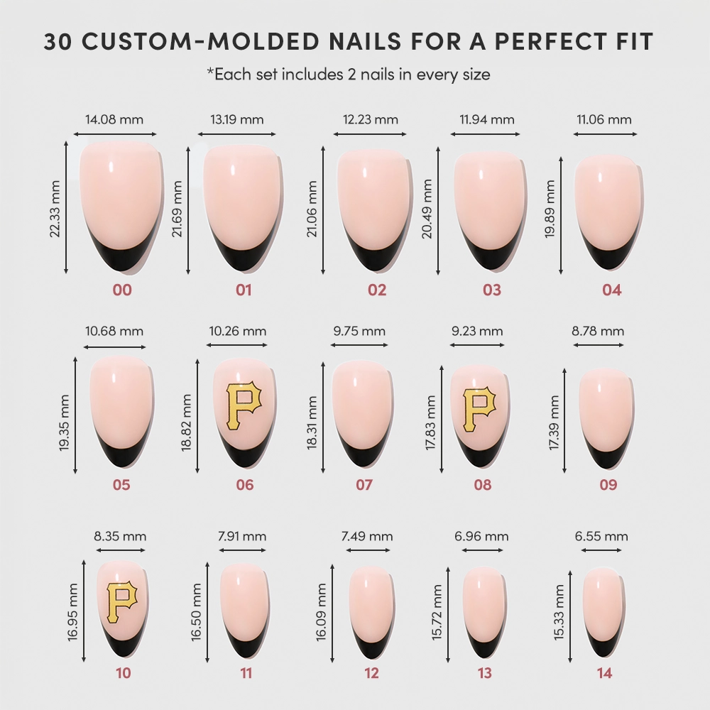 A chart displays 15 sizes of the glamnetic Pittsburgh Pirates Press-On Nail Set, each custom-molded with width and length (mm). Some nails have black tips, while four feature a yellow P logo inspired by the team. - Product image