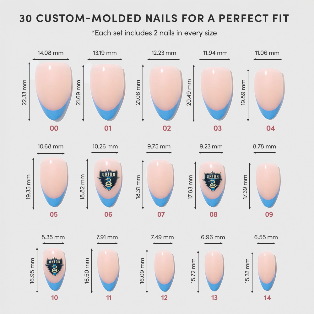 The glamnetic Philadelphia Union Press-On Nail Set features 15 short almond nails (sizes 01–15), each with specific width and length measurements in mm, ensuring a personalized fit for every user. - Product image