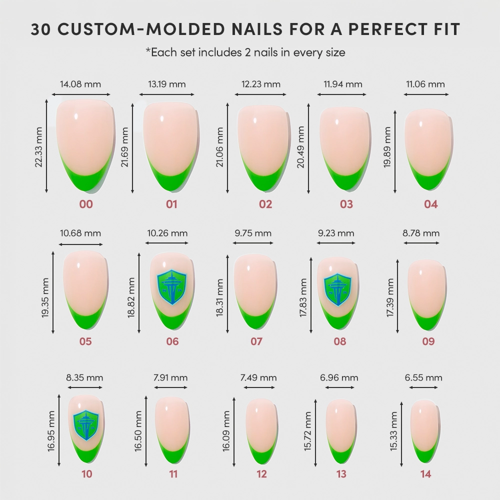 Diagram showing 15 sizes of the glamnetic Seattle Sounders Press-On Nail Set, labeled 01–15 with width and height measurements. Sizes 10 and 11 are highlighted with a green tip and blue shield icon. - Product image