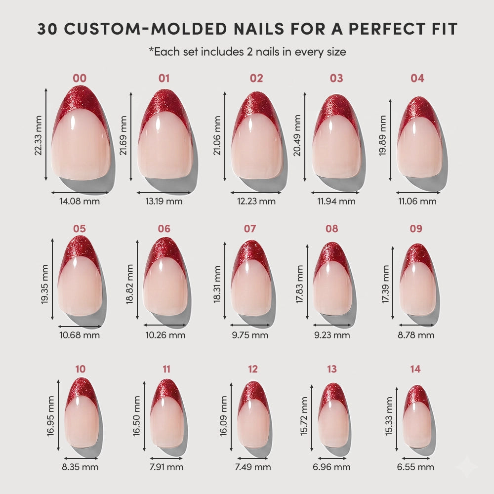 A chart displays 15 sizes of glamnetic’s Red Affair custom-molded press-on nails, featuring red glitter french tips on short almond nails, labeled 00–14 with each nail’s length and width in millimeters shown below. - Product image