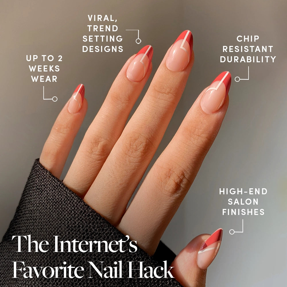 A hand shows glamnetic’s Red Martini long, almond-shaped press-ons with red and nude art. Benefits: up to 2 weeks wear, viral designs, chip-resistant durability, salon-quality finish. Text reads: The Internet’s Favorite Nail Hack. - Product image