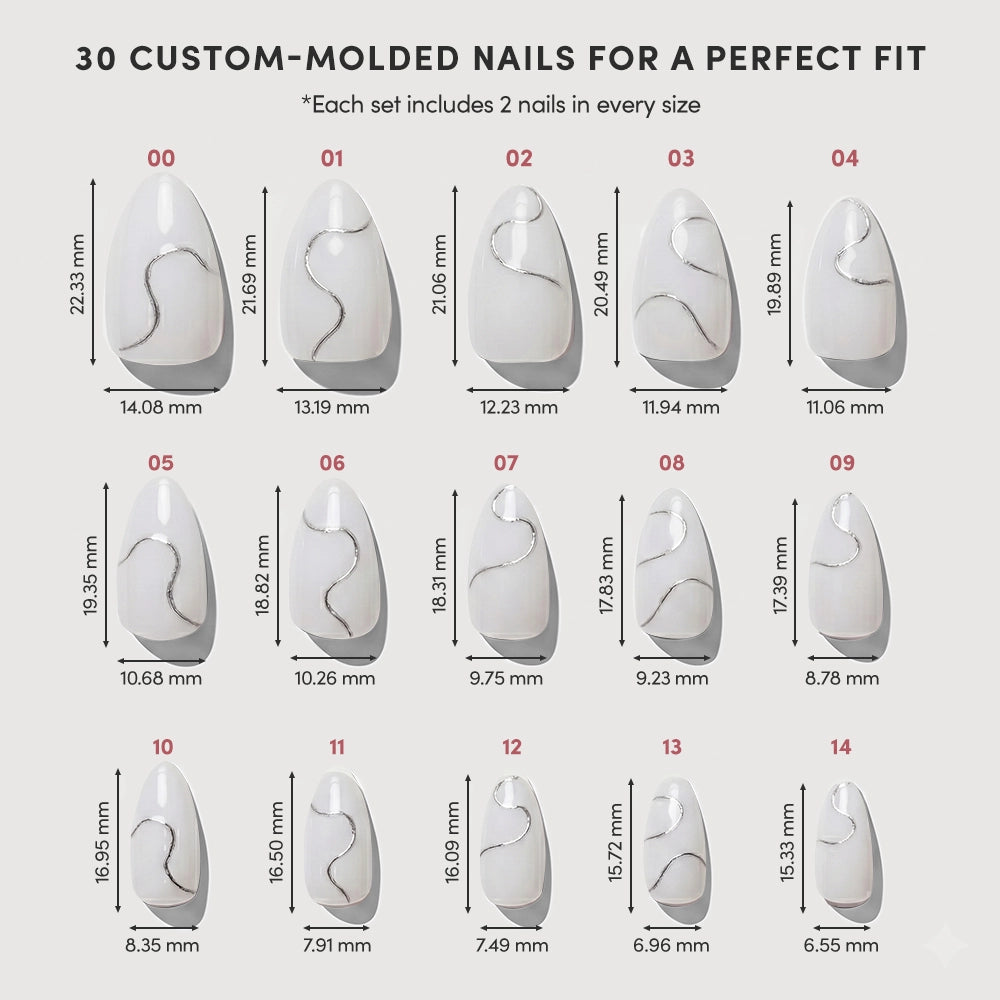 A chart of 15 custom-molded Silent Night vegan press-on nails by glamnetic, each size labeled with its length and width in millimeters, arranged in two rows under the title "30 Custom-Molded Nails for a Perfect Fit. - Product image
