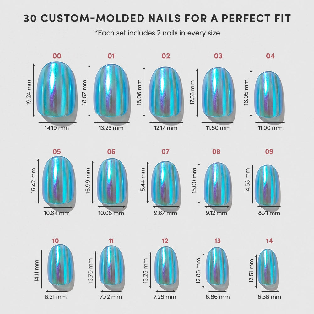 A chart displays 15 sizes of metallic blue short oval Siren nails by glamnetic, labeled 00–14, with width and length under each. Above: “30 custom-molded nails for a perfect fit.”. - Product image