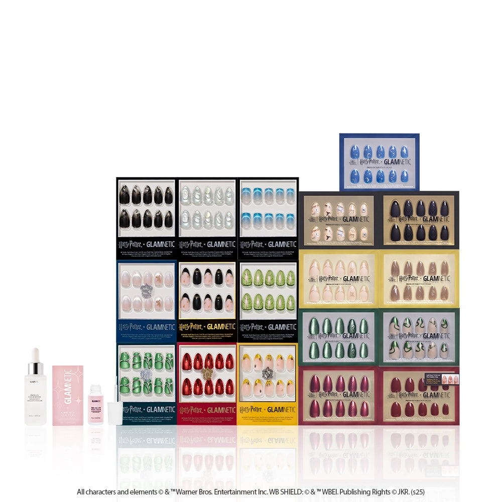 A grid of boxed Harry Potter™ x Glamnetic Master Vault nail sets by glamnetic showcases various colors and designs, with nail care bottles in front. Packaging highlights this exclusive Glamnetic collaboration. - Product image