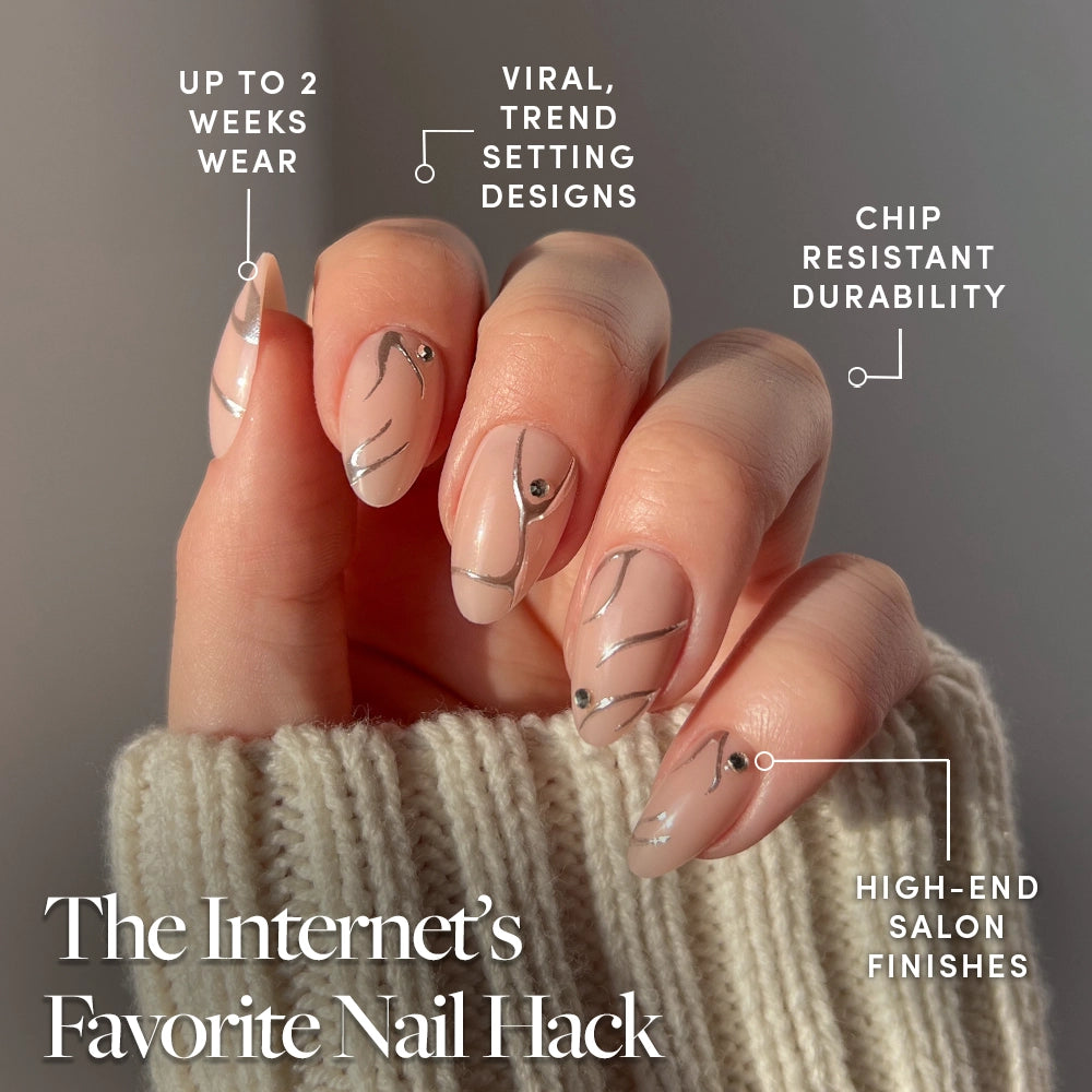 A hand shows glamnetic’s Astro press-on nails with a nude base and silver abstract lines. Text highlights their up to 2 weeks wear, chip resistance, trend-setting style, and salon-quality finish. - Product image