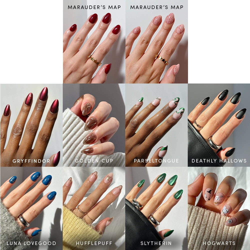 A grid of ten hands with unique Hogwarts™ Fan press on nails by glamnetic, showcasing creative Harry Potter-inspired art like house colors, the Marauder’s Map, Parseltongue, and Deathly Hallows.