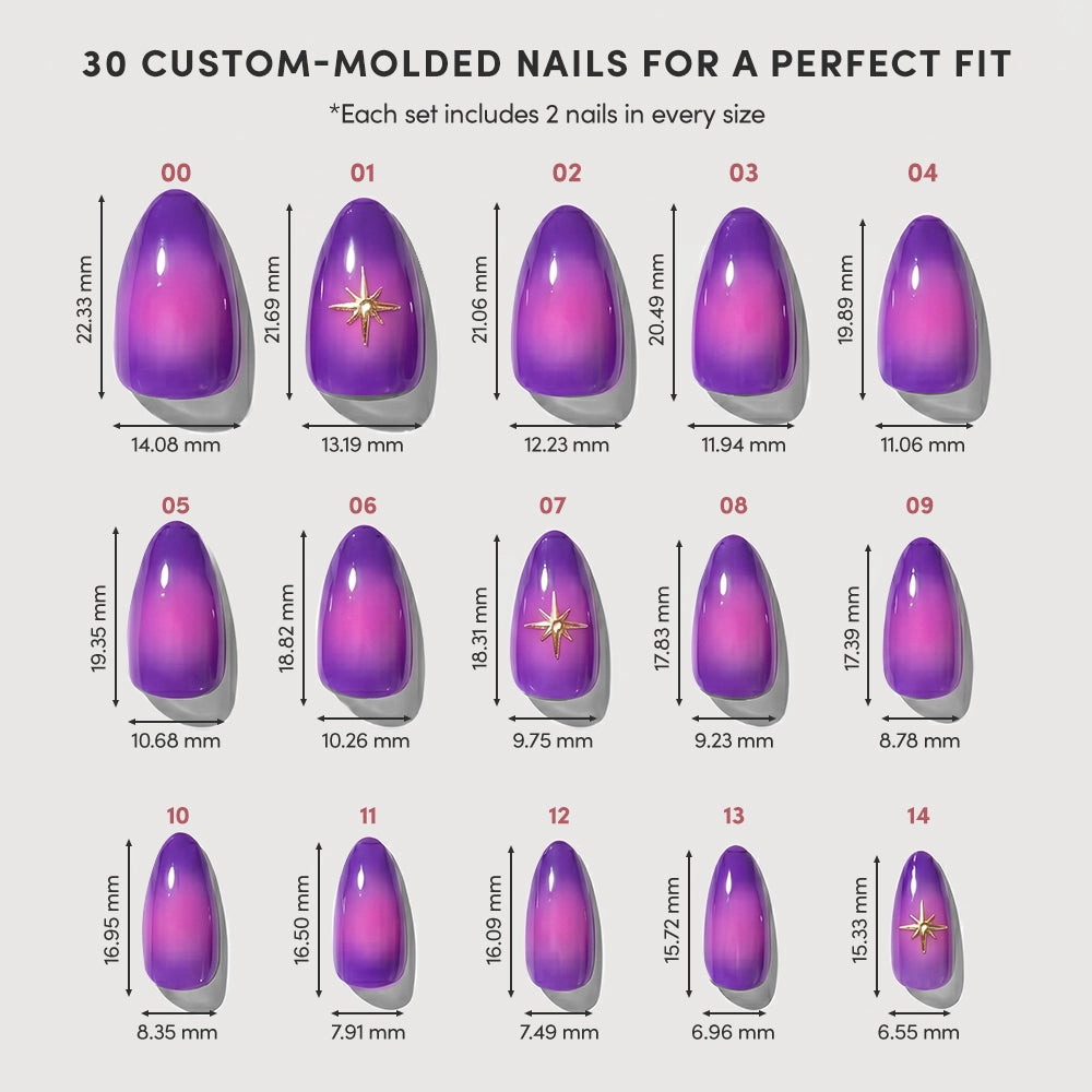 A chart shows 15 sizes of glamnetic's Tarot press-on nails in a purple-pink gradient with gold star accents. Each size is labeled and comes with two nails, totaling 30 nails per set. - Product image