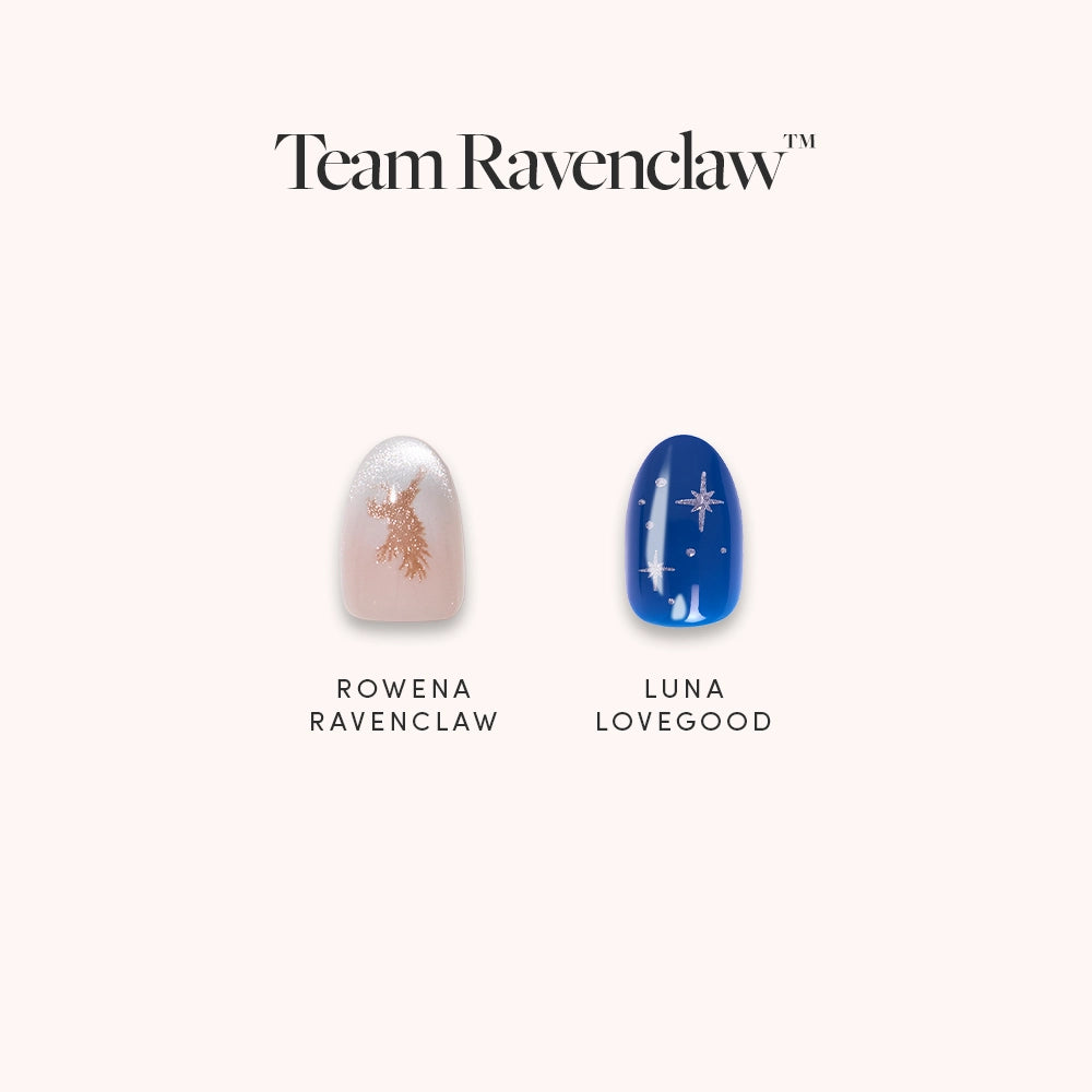 Two short almond press-ons by glamnetic, Team Ravenclaw™: one nude with a copper bird, the other blue with white stars and dots, named Rowena Ravenclaw and Luna Lovegood. Text reads: Team Ravenclaw.