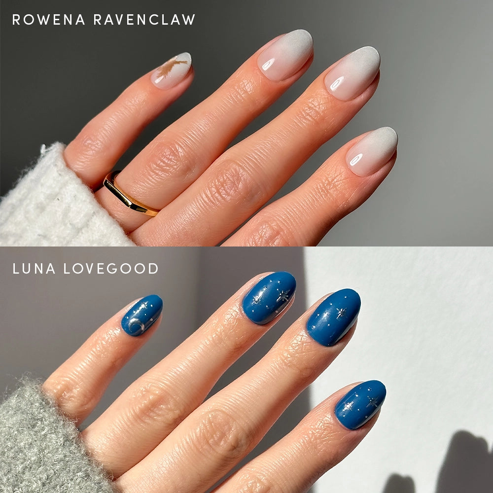 Split image shows two manicures: top hand sports glamnetic Team Ravenclaw™ press-on nails in soft grey ombré with a gold accent; bottom displays bright blue Luna Lovegood designs with white stars, both on short almond press-ons.