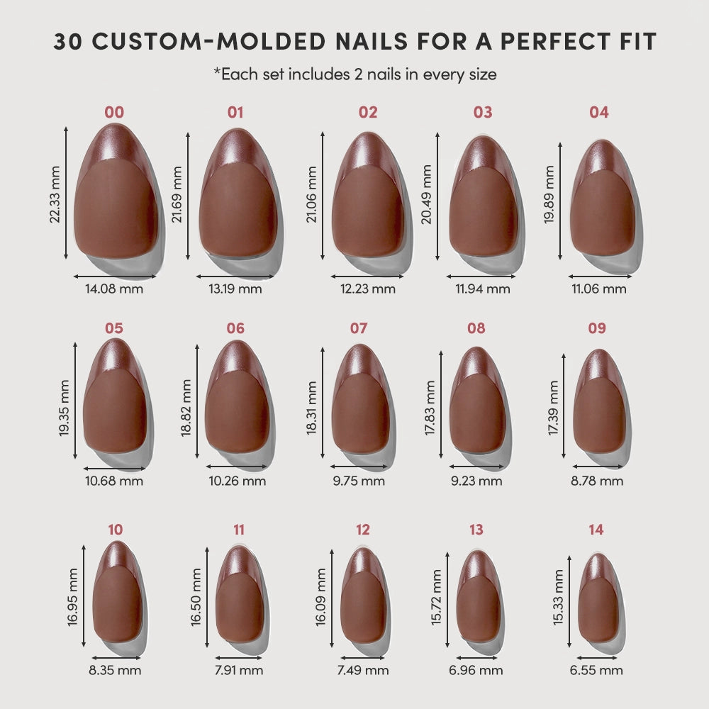 A glamnetic Terra chart shows 15 vegan press-on nail sizes, numbered 00–14, each labeled with width and length in millimeters, all set against a white background. - Product image