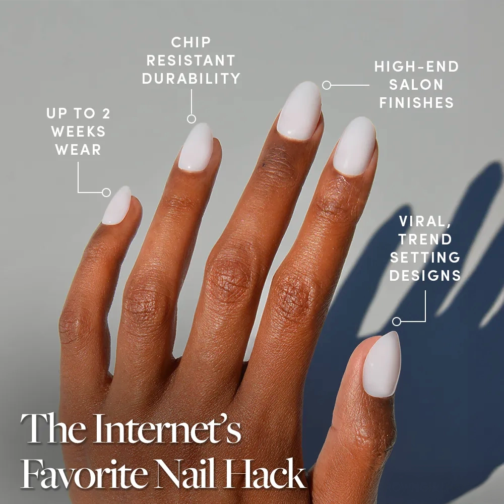 A hand with neatly manicured, short oval Clean Girl press-on nails by glamnetic is shown against a gray background, highlighting up to 2 weeks wear, chip-resistant durability, salon-quality finish, and viral designs. Text: The Internet's Favorite Nail Hack. - Product image