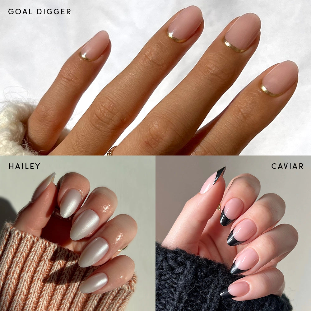 Three images display manicured hands wearing glamnetic's Elevated Everydays press-ons: one features nude almond nails with gold arcs, another showcases shiny silver nails, and the third has nude nails with bold black tips. Sweaters partially cover the hands.