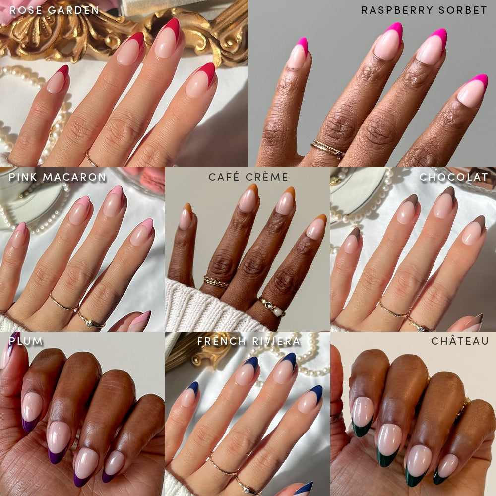 A collage of nine manicured hands displays various nail designs from glamnetic's French Tip Collection, featuring different colors and styles like Rose Garden, Raspberry Sorbet, and Pink Macaron.