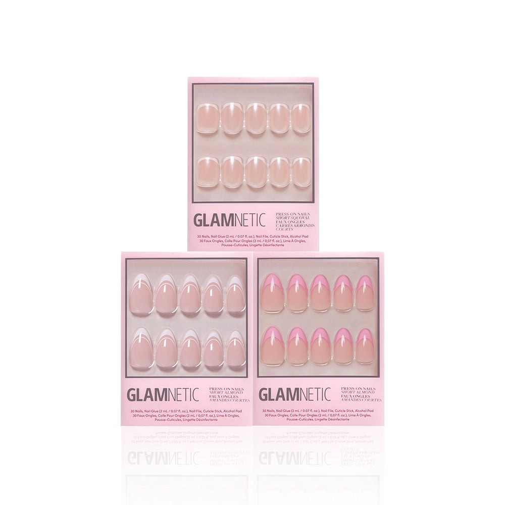 Three boxes of glamnetic French Tip Faves salon-quality press-on nails, featuring various pink and nude designs including classic french tips, are displayed in a triangle arrangement against a white background. - Product image