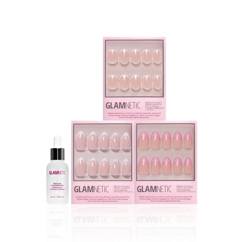 Three boxes of glamnetic French Tip Faves press-on nails in nude and pink styles are stacked beside a small white bottle of glamnetic Brush-On Nail Glue, all arranged on a white background. - Product image