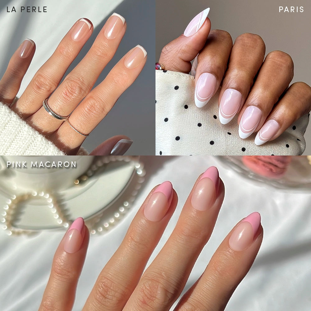 Three images of hands wearing glamnetic's French Tip Faves: classic white tips (La Perle), modern sharp-edged whites (Paris), and pink short almond tips (Pink Macaron), all premium press-on nails for a salon-quality look.