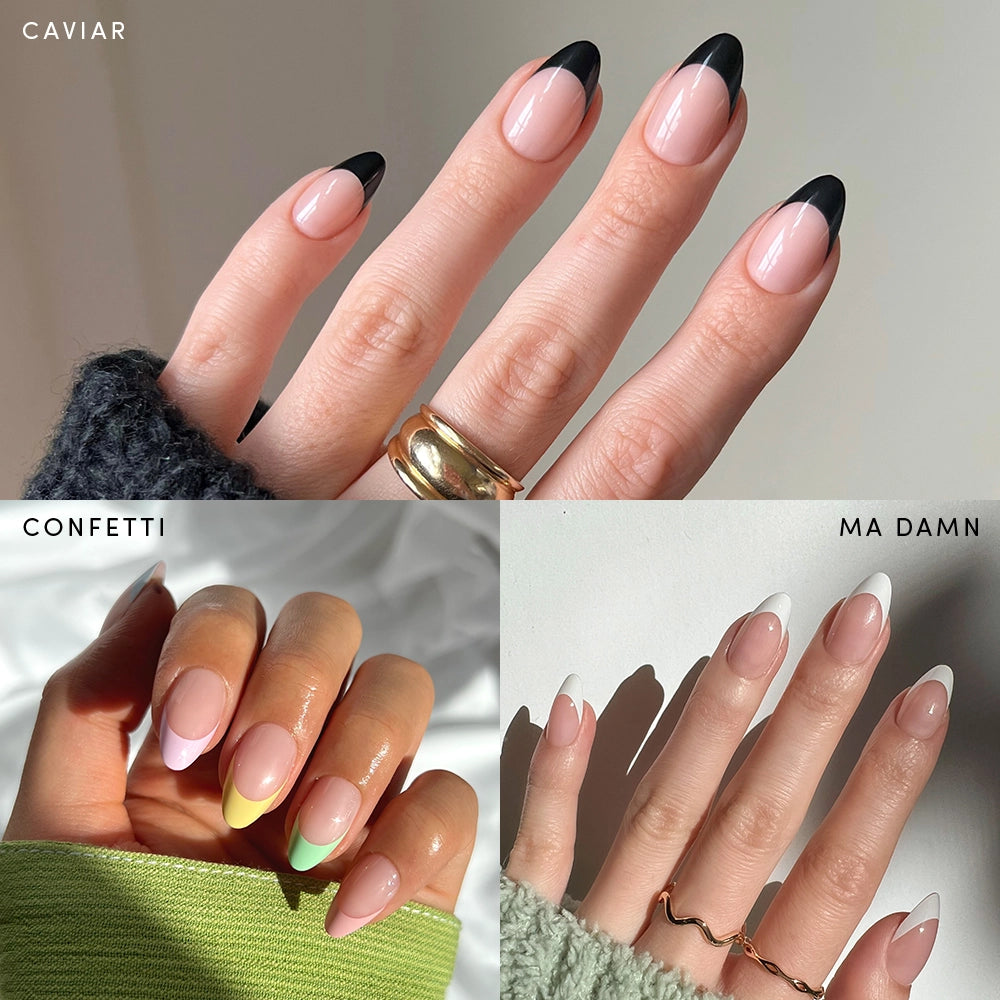 A set of three images displays manicured hands wearing glamnetic’s Frenchie Bundle: black French tip nails labeled CAVIAR, pastel French tips labeled CONFETTI, and white French tips labeled MA DAMN. Each hand is accessorized with a distinctive ring and models a short almond nail shape against a neutral background.