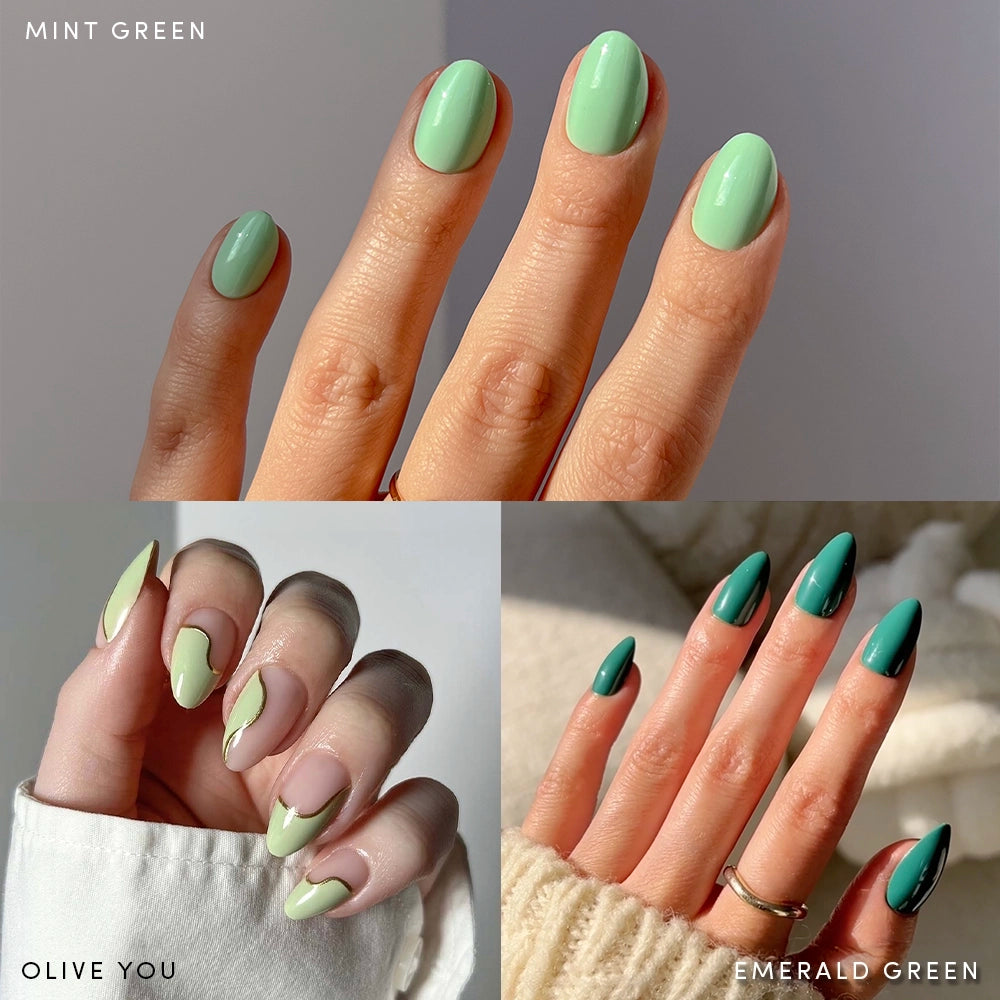 Three manicured hands display glamnetic’s Green Enchantment press-on nails: mint on short rounded nails (top), olive and light green abstract on long almond nails (bottom left), and emerald on long almond nails (bottom right).
