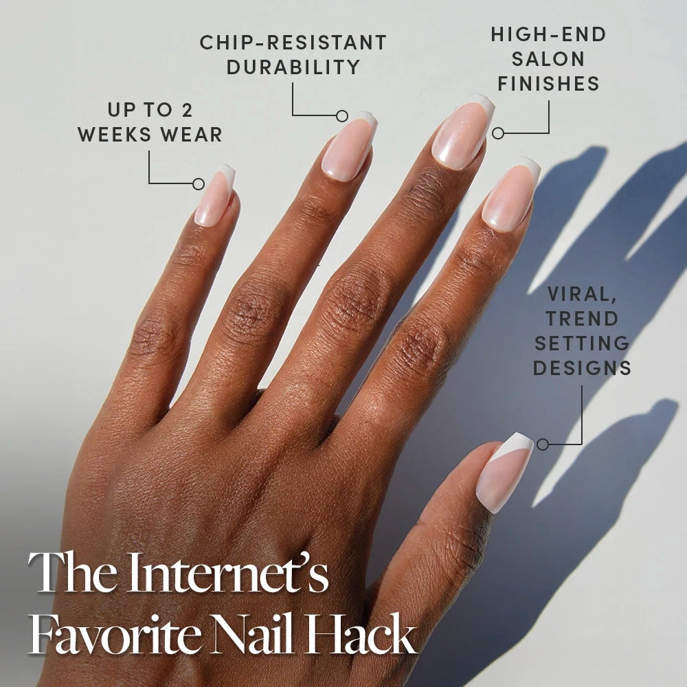 A hand with neatly manicured, pale pink Pearl Glaze nails by glamnetic in a medium coffin shape showcases up to 2 weeks wear, chip-resistant durability, salon-quality finish, and viral designs. Text: The Internet’s Favorite Nail Hack. - Product image