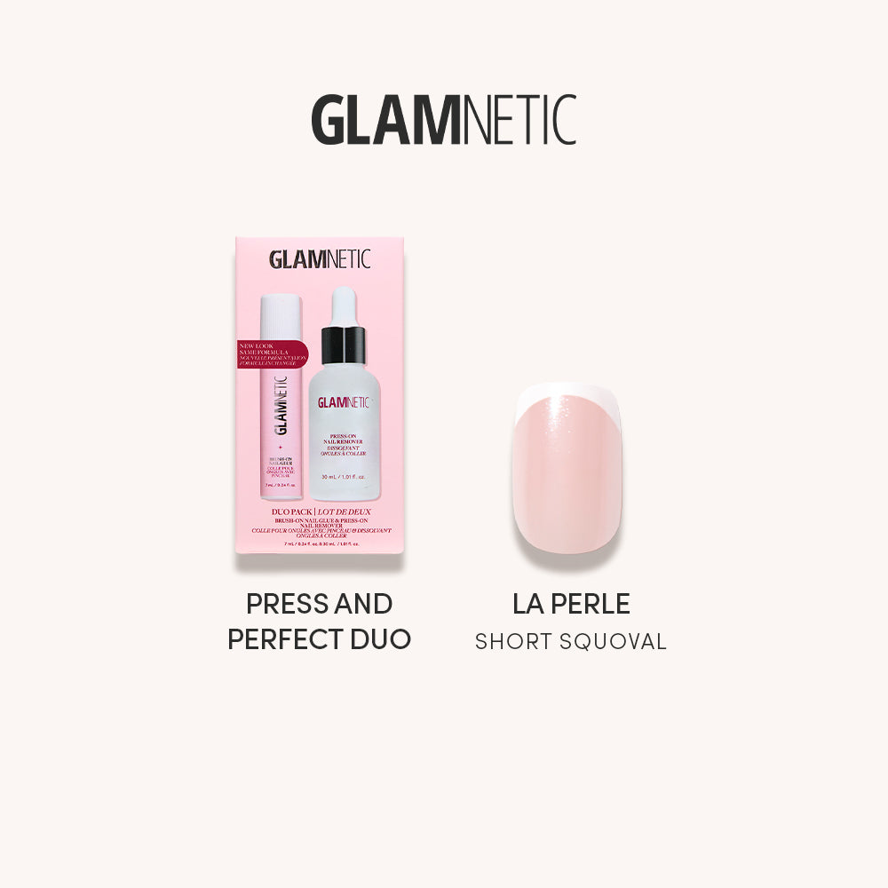 A glamnetic Press & Perfect + La Perle nail kit featuring a pink serum bottle and box labeled Press & Perfect Duo, shown next to a single nude pink short squoval press-on nail labeled La Perle. - Product image