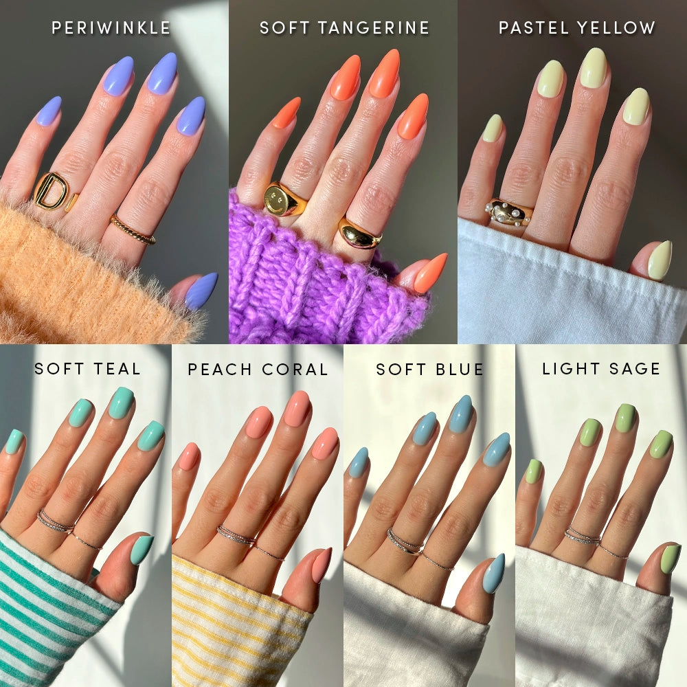 Eight hands with different pastel nail polish colors from the Hello Spring Collection by glamnetic—periwinkle, soft tangerine, pastel yellow, soft teal, peach coral, soft blue, and light sage—show off salon-quality nails. Each hand is styled with rings and colorful sleeves for a playful look that highlights the beauty of these glamnetic pastels.