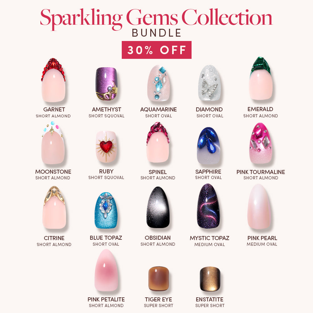 Introducing the glamnetic Sparkling Gems Collection: a display featuring 15 decorated artificial nails in assorted colors, each with intricate 3D gem designs and labeled with gemstone names. These eye-catching nails add extra flair for a dazzling look. A bold red banner at the top announces, “Sparkling Gems Collection Bundle – 30% Off.”.