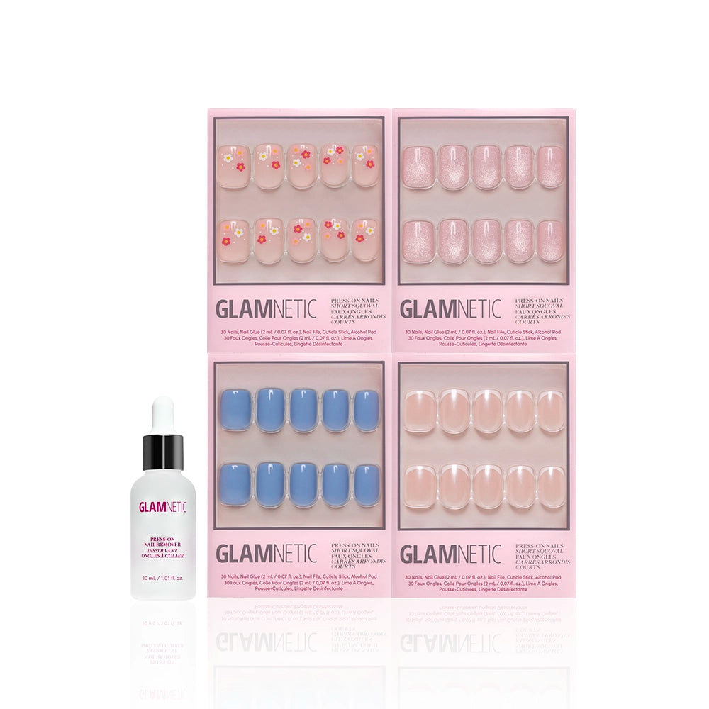 Springtime Squovals - Four sets of Springtime Squovals short squoval press-on nails in pink and blue shades, accompanied by a small bottle of nail remover.