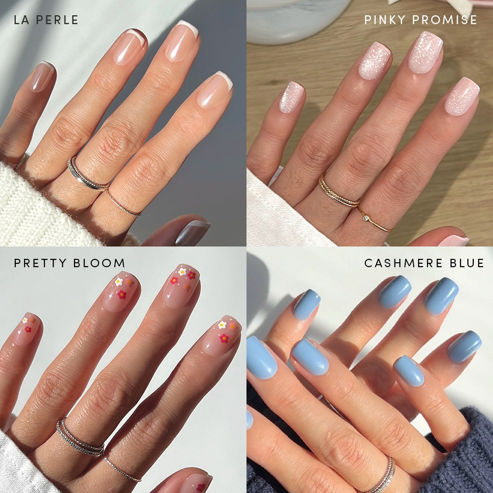 Springtime Squovals - A collage of four short squoval Springtime Squovals nails showing different designs: a classic French manicure, pale pink glitter, a sheer base with tiny floral accents, and solid light blue.