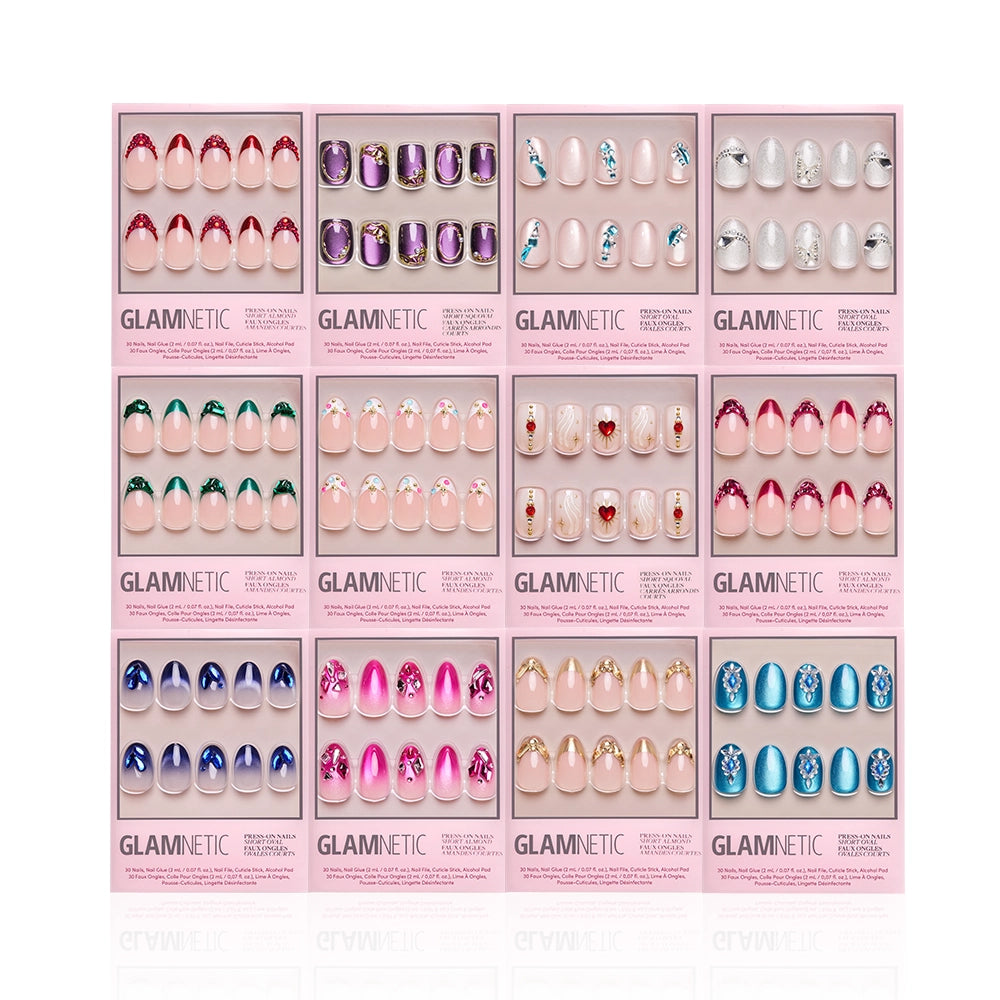 Twelve boxes of glamnetic 3D Jewel Stack press-on nails are displayed in three rows, featuring various styles like solids, ombre, glitter, decorative art, and bold 3D gemstone accents.