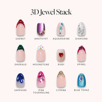 Showcasing glamnetic’s 3D Jewel Stack: a set of 12 press-on nails, each with unique gemstone-inspired 3D art—featuring designs like garnet, amethyst, diamond, and more for a vibrant manicure.