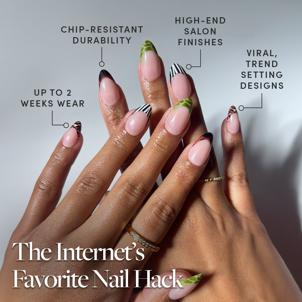 Two hands with manicured, short almond nails in 4 THE GLAMSQUAD by glamnetic, featuring striped green tips and animal prints. Text highlights chip-resistant, high-end press-ons with up to 2 weeks wear. Caption: The Internet’s Favorite Nail Hack. - Product image