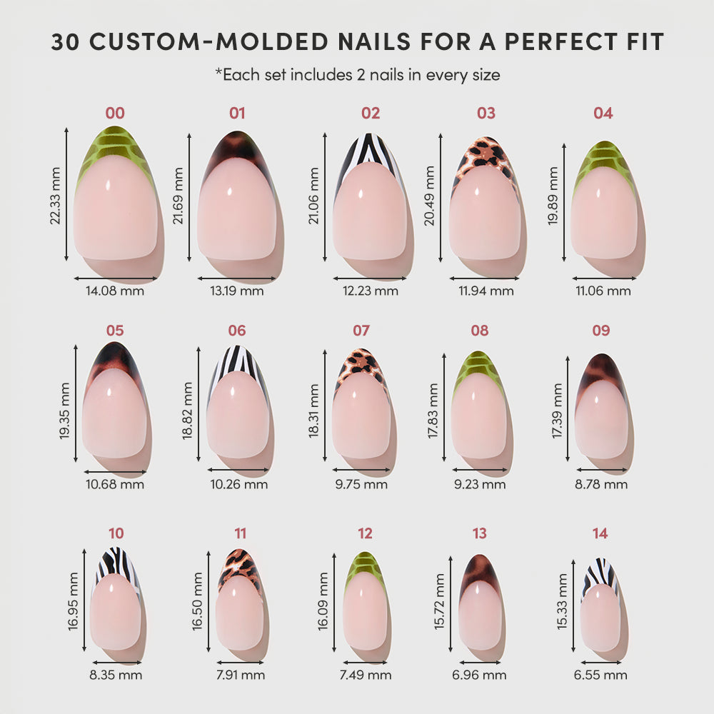 A chart displays 15 glamnetic 4 THE GLAMSQUAD custom-molded press-on nails in various sizes and millimeter labels, each featuring unique animal print or stripe designs on a light background. - Product image