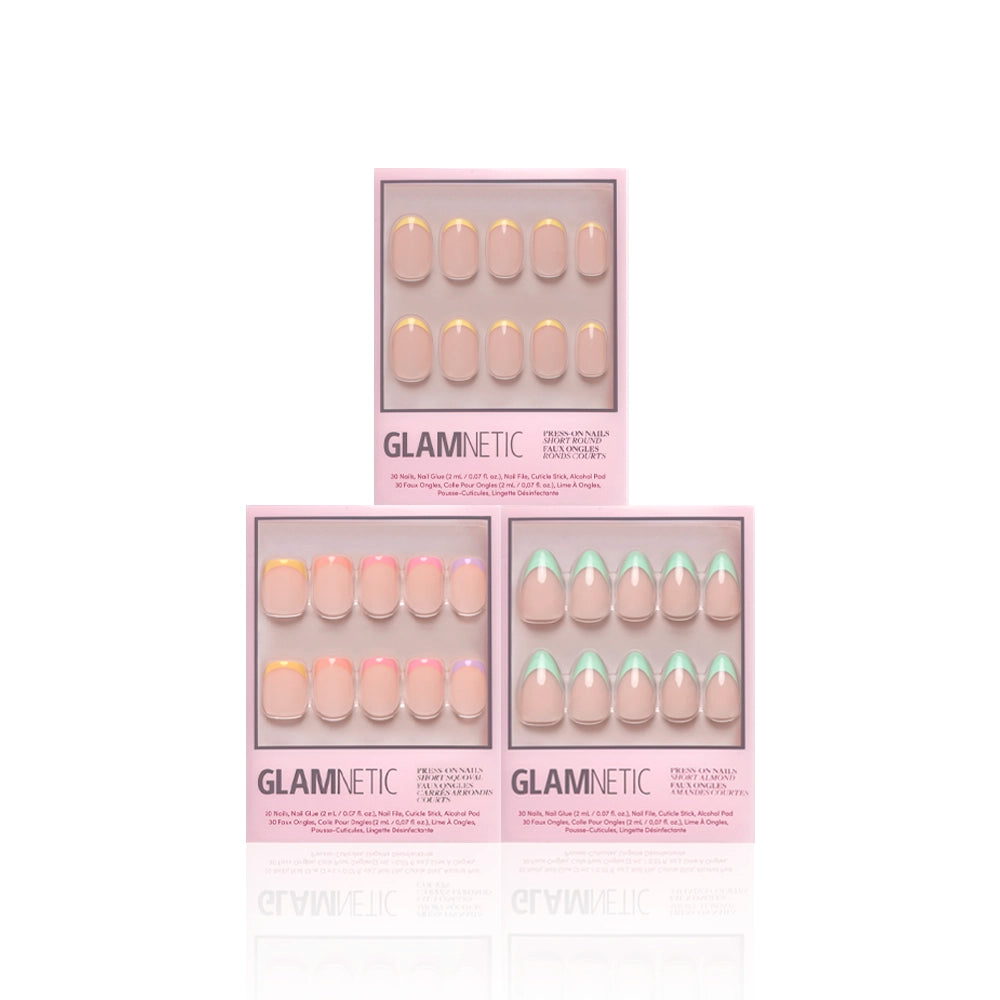 Three pastel-colored À La Ann press-on nail sets by glamnetic are shown in light pink Glamnetic boxes, featuring yellow, pink, and green French tips. Arranged in a triangle on white, they offer salon-quality durability. - Product image