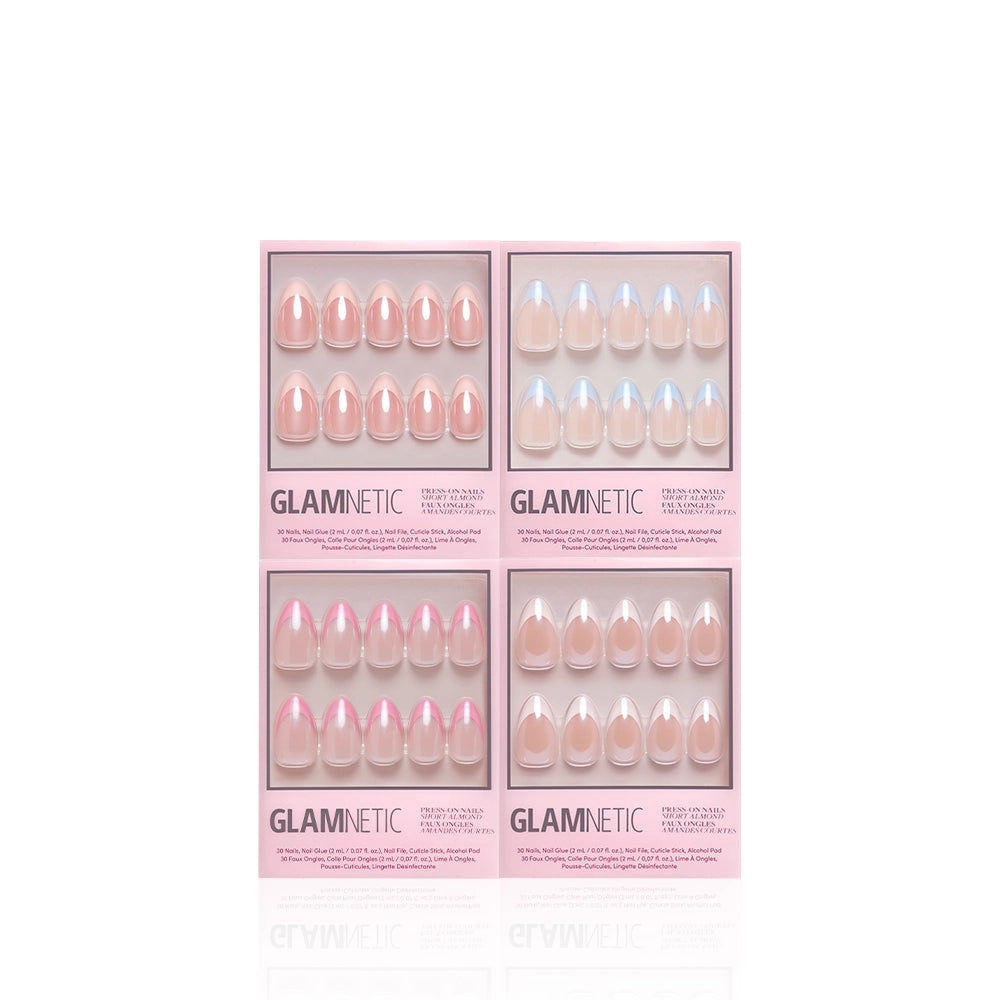 Four boxes of glamnetic À La Glazed Almonds short almond press-on nails in various nude and pink shades—including French tip and glazed nail designs—each set featuring ten nails arranged in two rows, displayed on a white background. - Product image