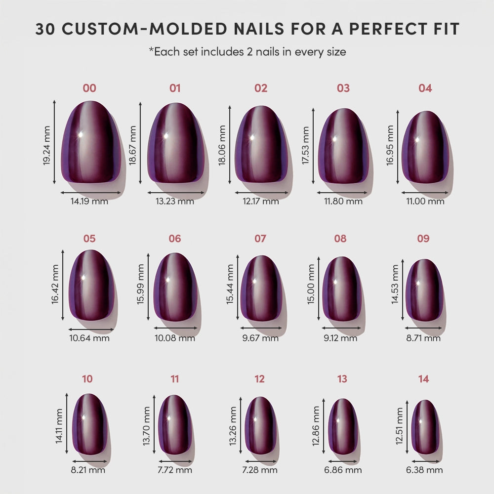 Chart showing 15 sizes of glamnetic’s After Hours dark red short oval press-on nails, labeled 00 to 14, with precise width and length measurements in millimeters for each nail. Each nail features a sleek glazed finish for a sophisticated look. - Product image